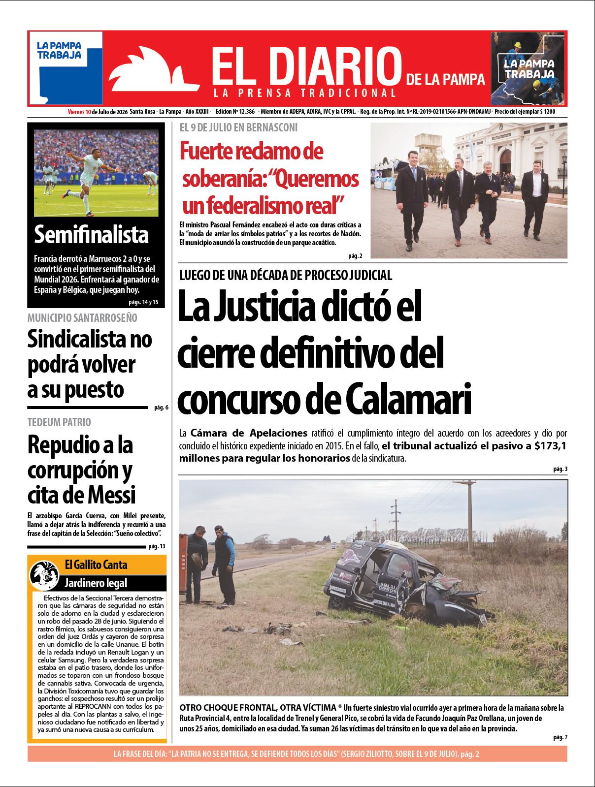 Tapa de El Diario en papel  viernes 10 de julio de 2026